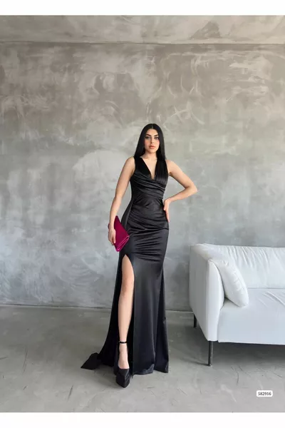 Dames Zwarte Decaere Kraag Dikke Riem Draperen Detail Staart Maxi Split Lange Satijnen Avondjurk