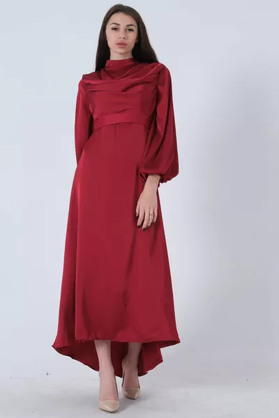 Degaje сатен балон ръкав хиджаб рокля бордо 