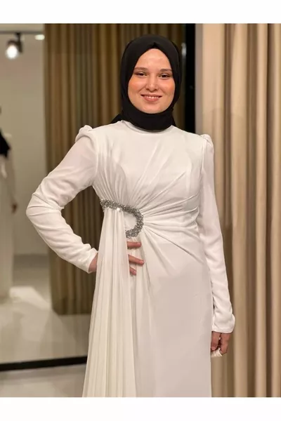 Звезды Новый Сезон Женский Хиджаб Талия Капля Воды Шифон Стильное Вечернее Платье белый