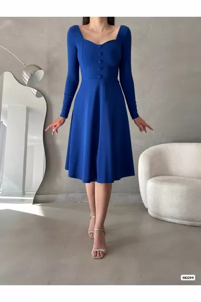 قلب طوق كم طويل زر تصميم ميدي طول مساء اللباس