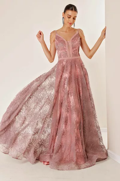 Dünner Riemen V-Ausschnitt Perle Detaillierte Krawatte Rücken Gefüttert Glitter Flock Bedruckt Koralle Langes Kleid Puder