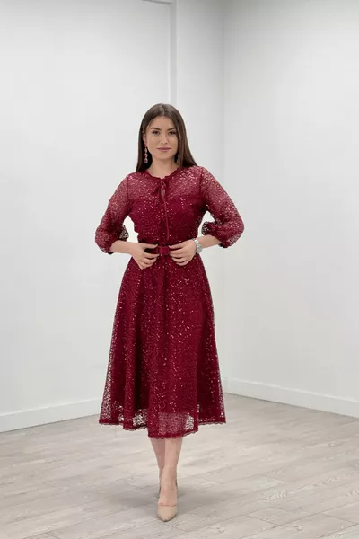 Full Lace Sequin Fabric Midi Evening Dress - Burgundy