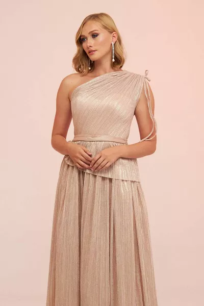 الذهب بريق محبوك كم واحد فستان مساء طويل