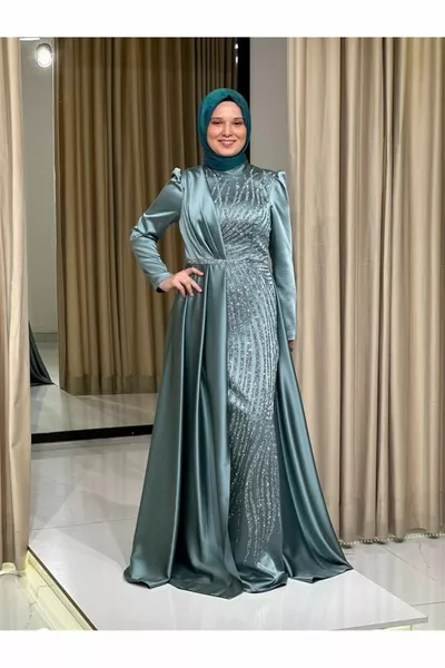 ستارز الموسم الجديد الحجاب فستان مطرز مع رأس السمك داخل فستان السهرة mint الأخضر