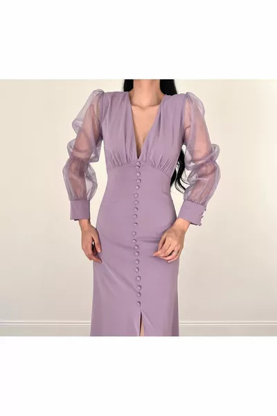 المرأة مساء اللباس تول شفافة الأكمام التفاصيل الجبهة شق أزرار ميدي اللباس مساء اللباس والتخرج اللباس