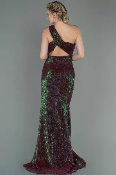 Plum One Shoulder Waist and Leg Low-Cut Long Sequin Evening Dress 
