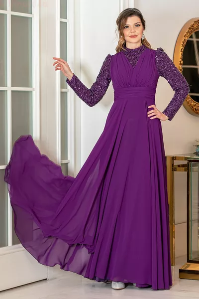 Pulpayet Detailed Chiffon Plus Size Arya Evening Dress - Purple