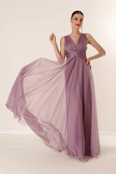 Abito lungo in tulle con scollo a V Lilla con schiena scollata davanti drappeggiata foderata