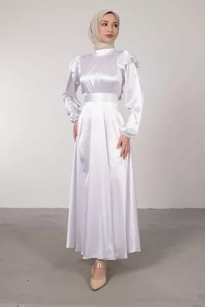 Рамо половин волан подробни колан сатен вечерна рокля