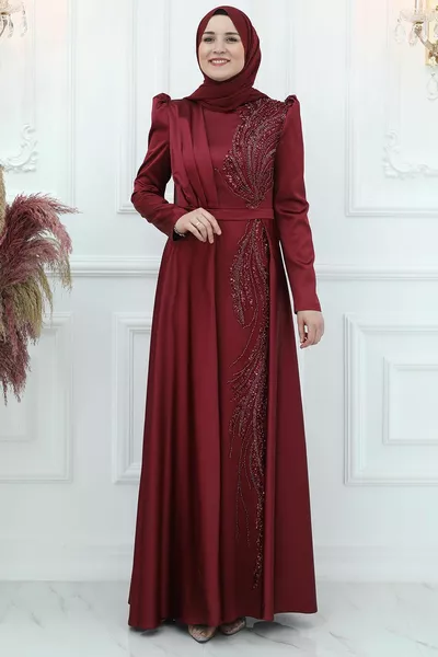 Gonca Satin Evening Dress Burgundy