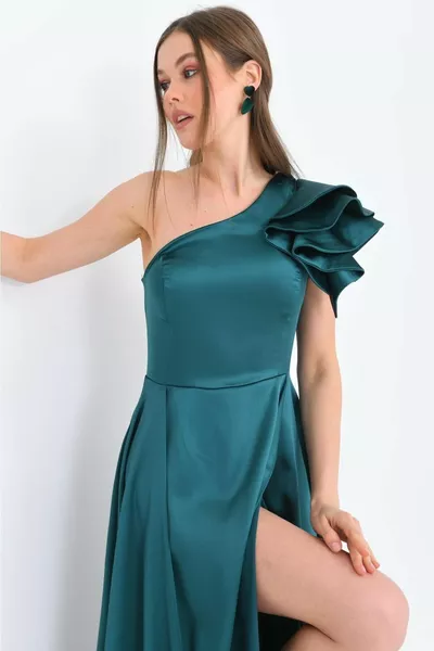 نسائي كتف واحد ألير شق مفصل فستان طويل من الساتان