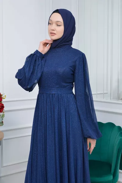 Glitter Belted Balloon Sleeve Hijab Evening Dress