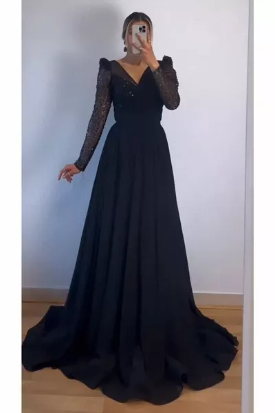 Zena Evening Dress Chest and Sleeve Detailed Chiffon Evening Dress