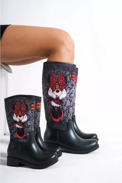 Майка Дъщеря Комбинация Мини Маус Сиви щамповани водоустойчиви дъждовни ботуши