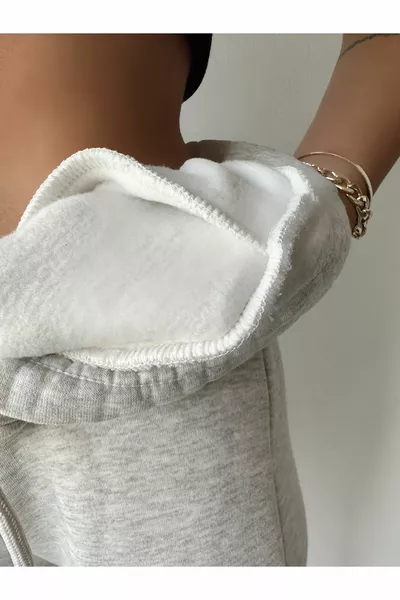 المرأة رمادي فاتح الشتاء سميكة الصوف عالية الخصر الساق مطاط الأساسية عداء بنطال رياضي