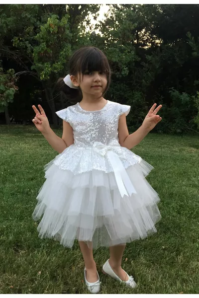 White Sequins, Birthday, Evening Dress, Tutu Girls' Dress