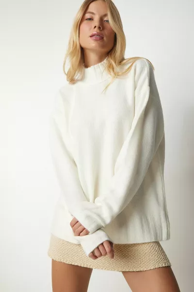 Women's Bone Stand Up Collar Soft Textured Knit Sweater 