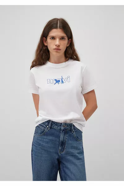 Katze Logo Bedruckt Weißes T-Shirt Regular Fit / Normaler Schnitt 