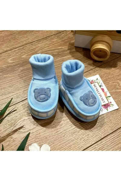 Combed Baby Booties Suede Teddy Bear Printed Blue