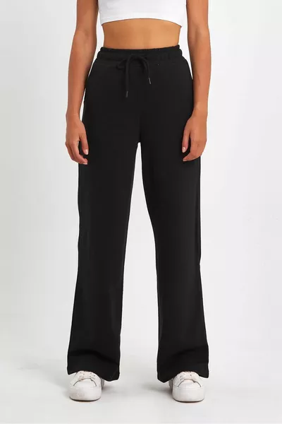 Women's Seasonal Shabby Wide Comfortable Leg Black Sweatpants with Side Pockets