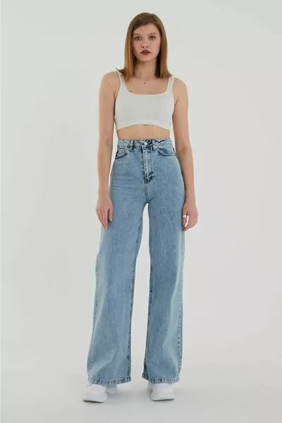 Jeans en denim taille haute et jambe large délavé bleu clair pour femmes