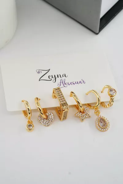 Set di 6 orecchini Helix con stella e figura a forma di cuore di colore oro da donna