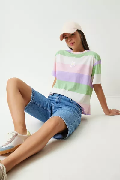 Women's Pink Green Floral Embroidered Striped Cotton Knitted T-Shirt 