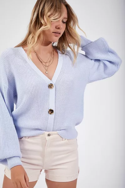 Cardigan en maille boutonnée col V bleu ciel femme 
