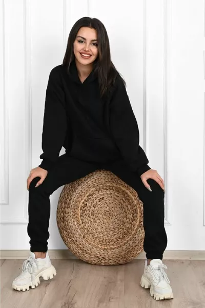 Однотонный базовый спортивный костюм Толстовка Джоггер - черный оверсайз с капюшоном