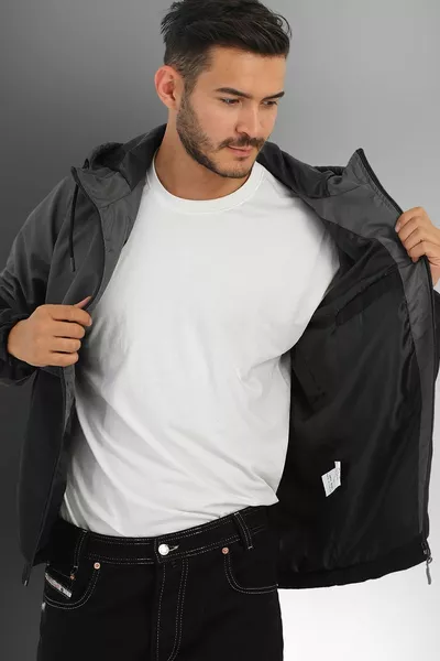 Herren Anthrazit-Schwarz Zweifarbig gefüttert Winddicht Kapuze Taschen Sport Regenmantel-Windjacke