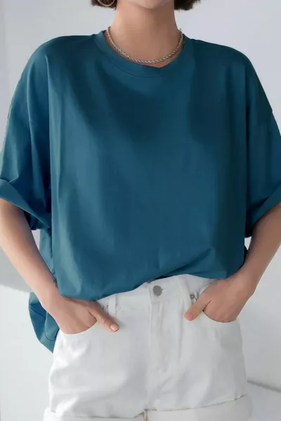 Petrolblaues Basic Unifarbenes unbedrucktes Oversize-T-Shirt von Salas Boyfriend für Damen