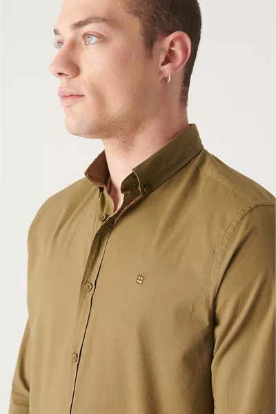 Men's Khaki % Cotton Thin Soft Touch Button Collar Shirt 