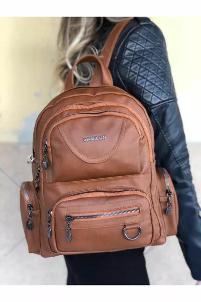 Samılon Многоотделение за пране на кожа кафява дамска раница