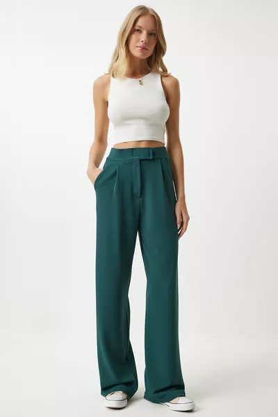 Pantaloni da donna in tessuto casual Velcro verde smeraldo 