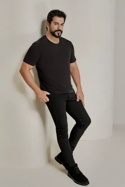 Men's Black % Cotton Slim Fit Slim Fit Crew Neck Basic T-Shirt