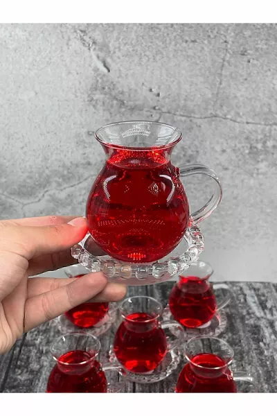 6 Person Keyfi Ala Borosilicate Tea Cup with Glass Handle ml