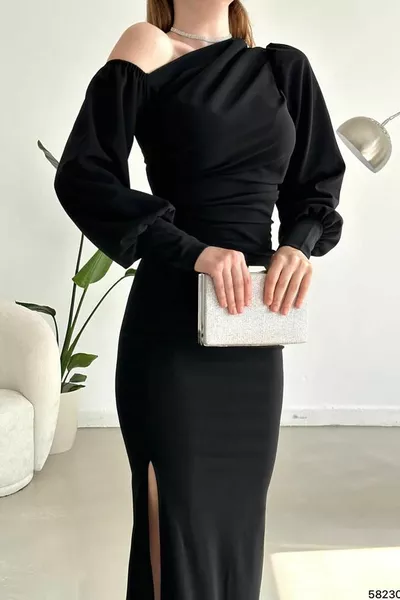 أسود واحد الكتف فتح التفاصيل المستوردة كريب النسيج ماكسي طول فستان طويل الأكمام