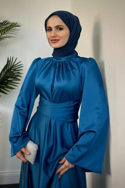 البنفسجي الإسبانية الأكمام الخصر التعادل الساتان اللباس الفيروز