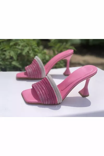 Roze en zilveren avondjurk met hak van 8 cm en steendetails voor damespantoffels