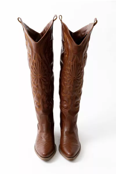 Дамски кафяви кожени каубойски дълги ботуши