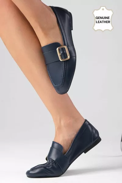 Martina Echtes Leder Marineblau Farbe Blunt Toe Damen Loafer Schuhe