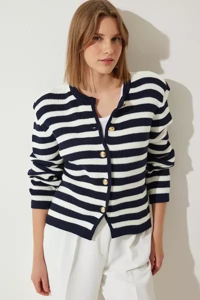 كارديجان نسائي Ecru أزرق كحلي مخطط محبوك مبطن 