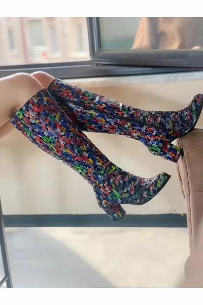 فيليبي أسود متعدد الألوان الركبة تحت الركبة بسحاب الأحذية ذات الكعب العالي