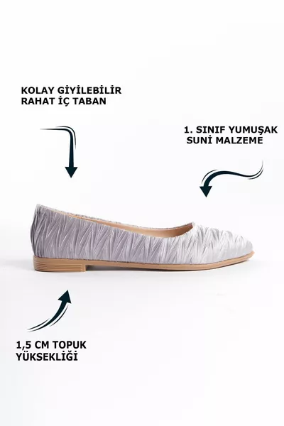 فضي رمادي منخفض النعل المرأة الباليه الشقق مع نسيج مجعد لامعة