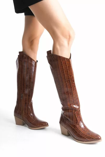 Hellbraune Croco Western Cowboy Damen Stiefel mit langem Knie mit Reißverschluss