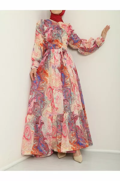 رداء الرباط بالون الأكمام اصطف تصميم فستان الشيفون