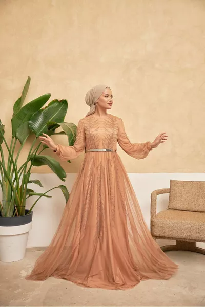 Hijab Evening Dress with Stones on Tulle