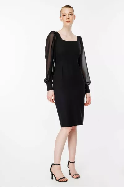 فستان سهرة قصير بالقلم الرصاص بأكمام تول - أسود