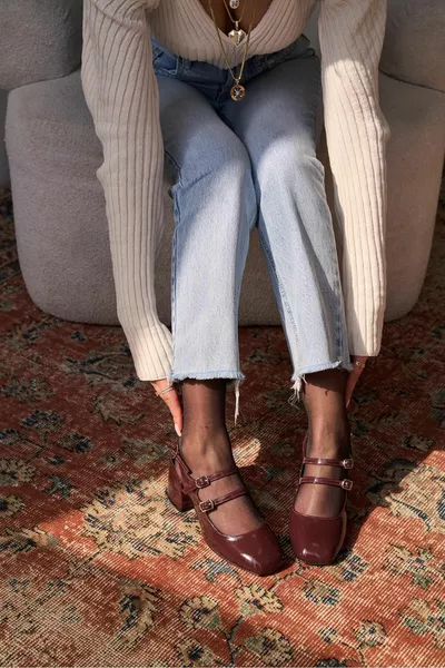 Marry Burgundy Colored Patent Leather Double Buckle Open Back Genuine Leather Blunt Toe Heels