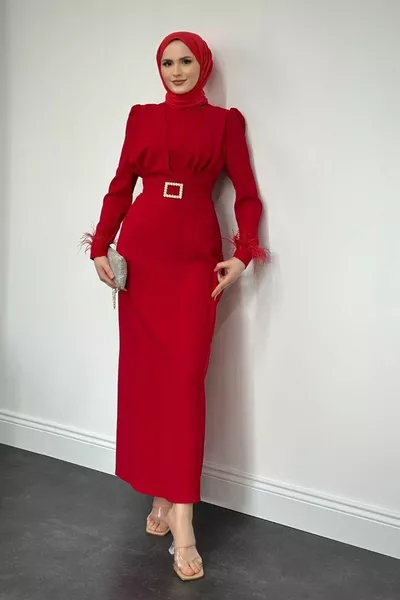 Stell Sleeves Feather Detail Pen Evening Dress Red